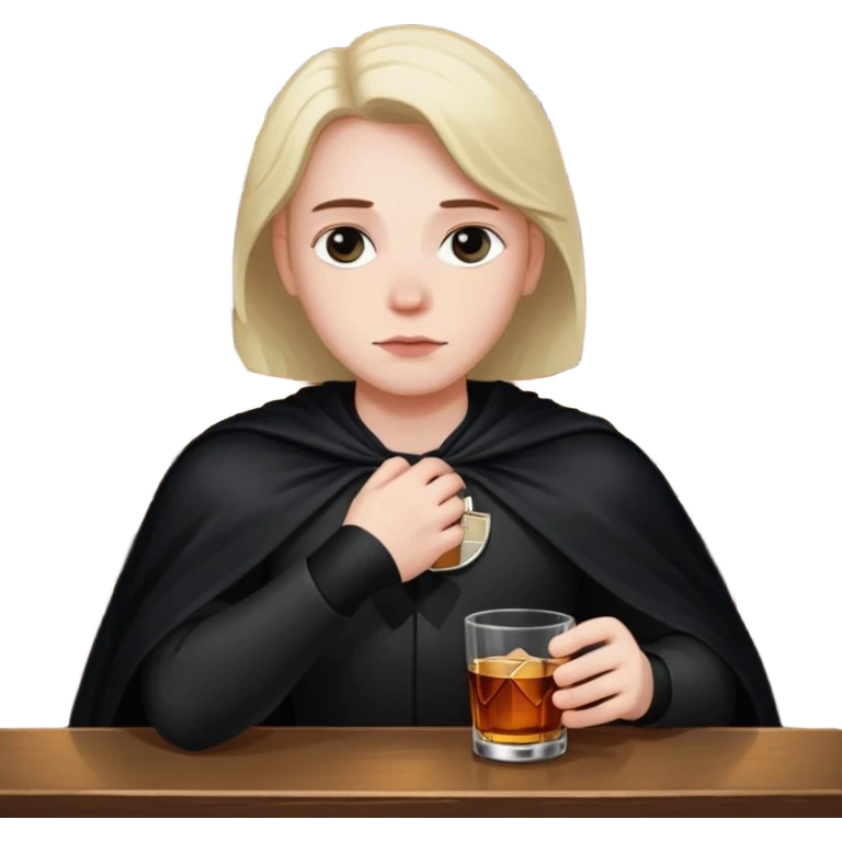 Caucasian in black cape sitting sad at bar emoji