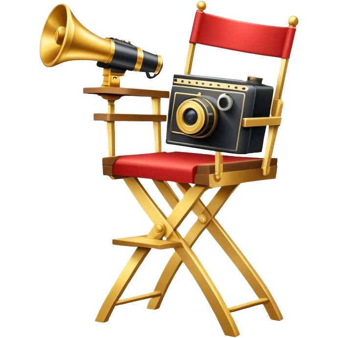 Icon for Directing: a director's chair, a large film camera, a megaphone, a stage set with lights and an Oscar statuette. The icon should represent the creative and leadership aspects of directing, with focus on film and theater production. Transparent background. emoji