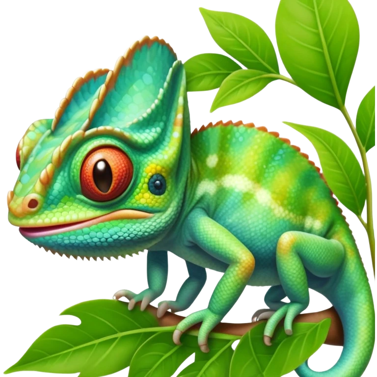 cinematic cute -baby chameleon-realistic emoji, mouth wide open with tongue out catching prey, -blending-with-vibrant-greenery.-detailed-scales-in-shifting-colors,-showing-the-chameleon’s-ability-to-camouflage.-soft-natural-light-highlights-its-texture.-light-background, zoomed into its face emoji