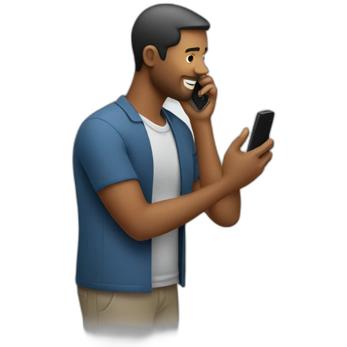 A man talks to his mobile phone sideways emoji