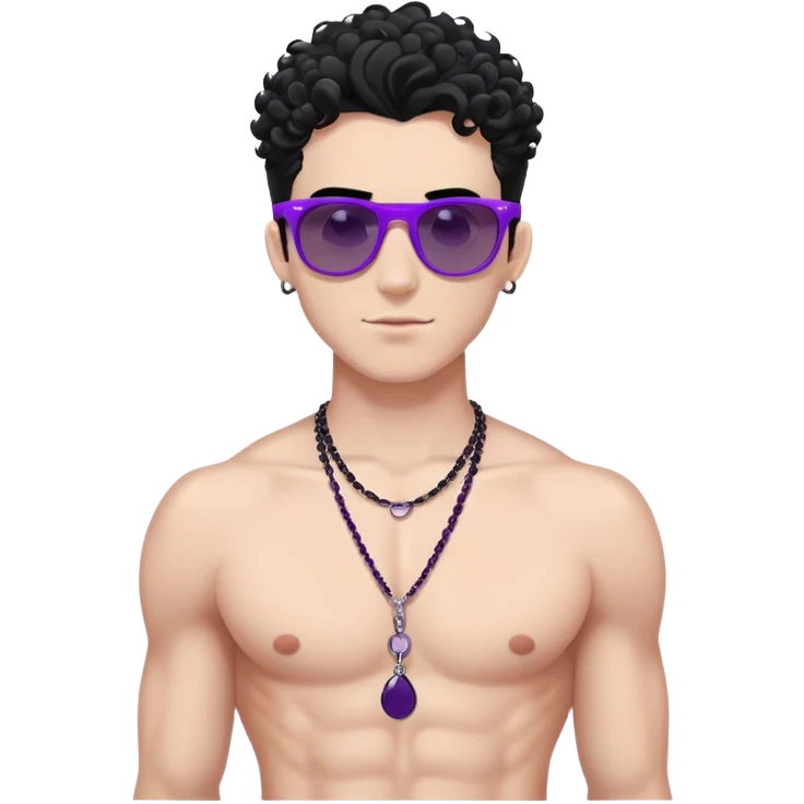 shirtless male athlete with white skin and moderately curly black hair on top with shaved sides, wearing purple sunglasses with black tinted lenses and a plain black chain necklace without pendant emoji