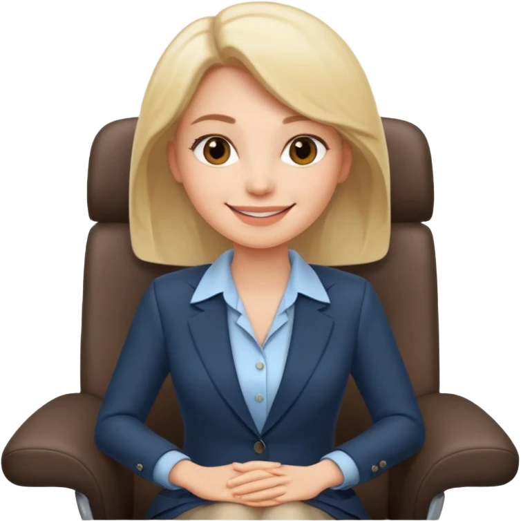 Cartoon faced woman smiling and relaxing and aligned in a chair in office make the face a cartoon character  emoji