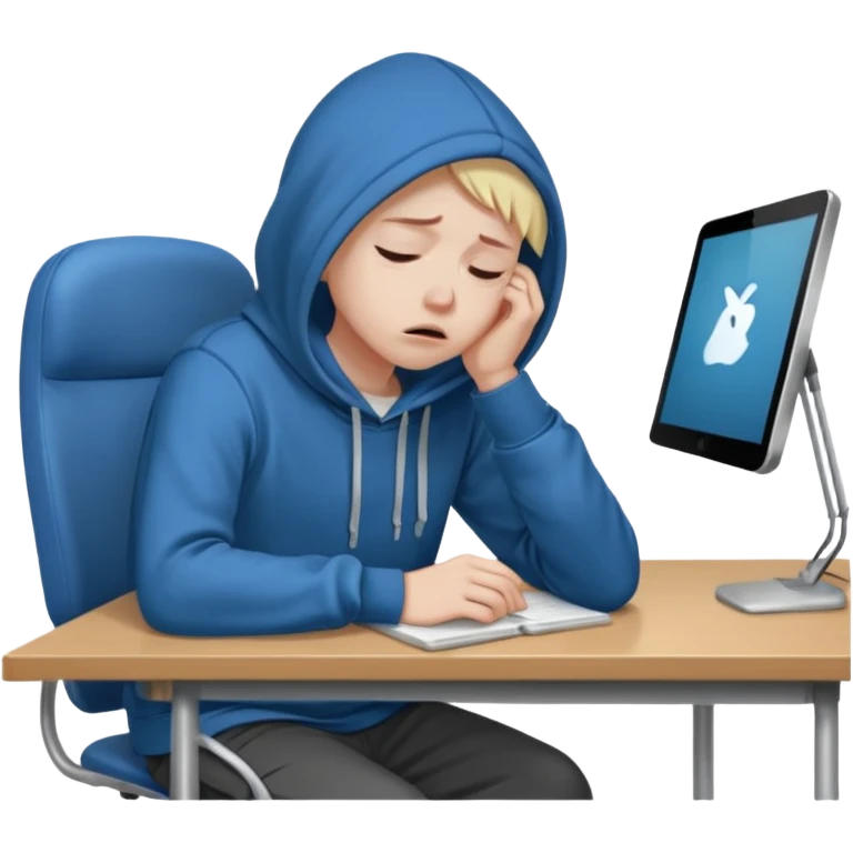A person wearing a hoodie experiencing burnout, exhausted and overwhelmed, tired eyes, slumped posture, sitting at a desk, iOS emoji style emoji