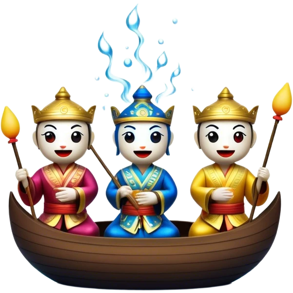 Cinematic Realistic Water Puppetry Emoji, depicted as a whimsical scene of traditional water puppets performing on a reflective water stage, rendered with vivid textures and dynamic playful lighting that captures its enchanting charm. emoji