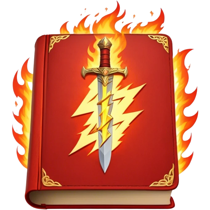 A fiery red book with golden details, a textured, leather-like cover, a flaming sword, or a lightning bolt, radiating power, resilience, and the fire of transformation-- the inner strength book emoji
