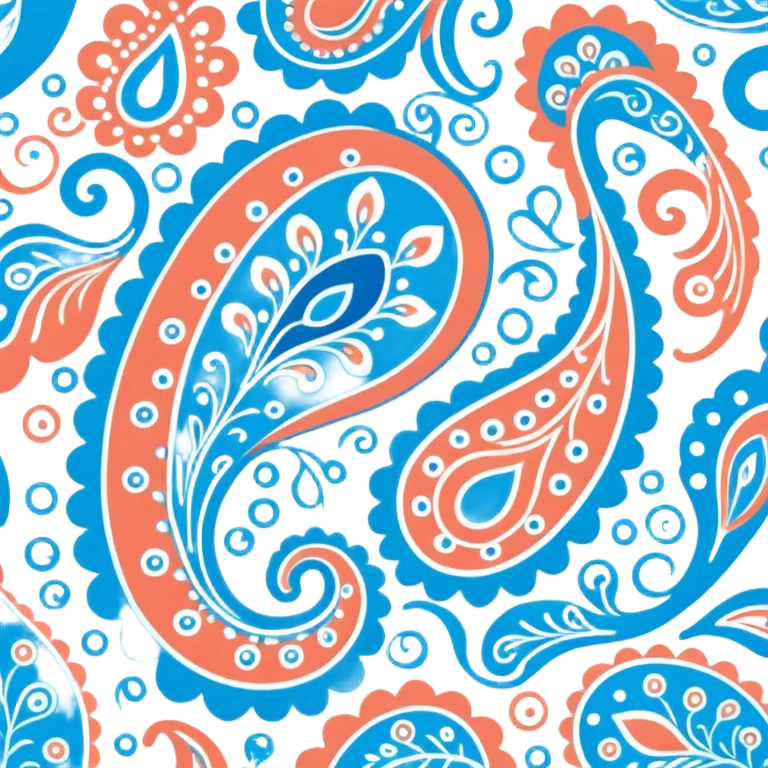 Beautiful high detail, paisley motif, seamless pattern print in soft and bright Coral, pale blue, white and Bedazzled Blue colors. Must be visually appealing, 4k hd, 3000x3000, DPI 300 emoji