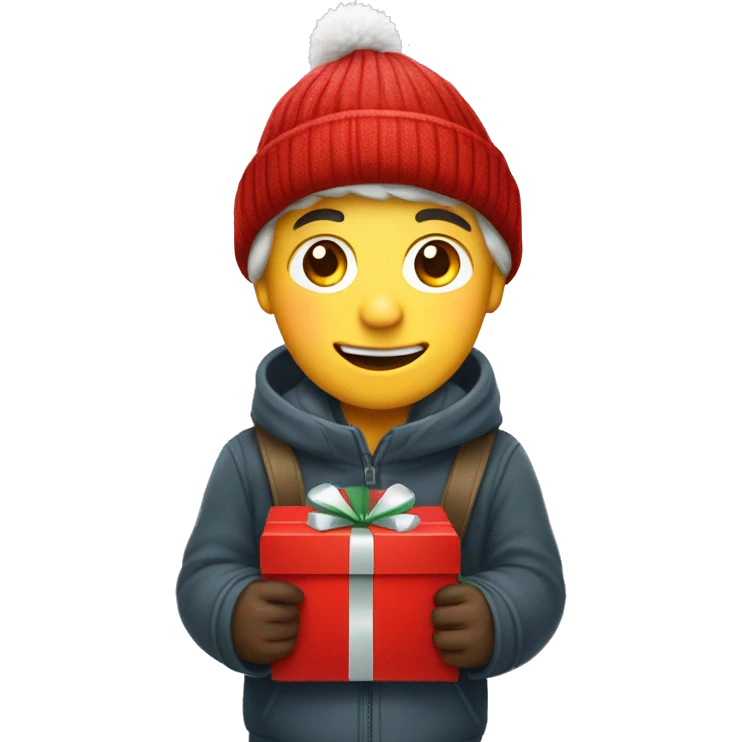 German boy going christmas shopping, buying a lot of gifts, wearing warm clothes and a christmas hat emoji