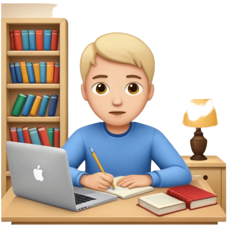 emoji student studying at home english books, macbook bored, room, white background emoji