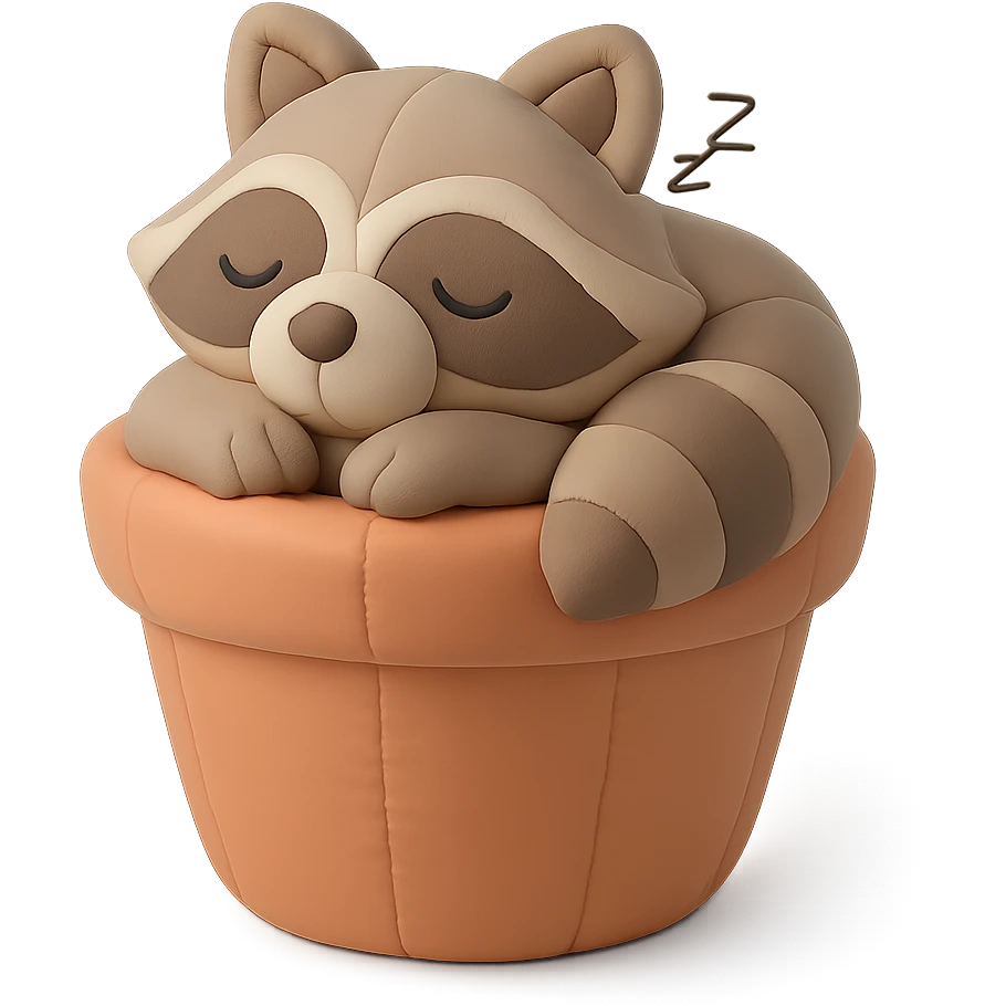 sleepy raccoon inside a flower pot, pastel earthy colors, cushion style emoji