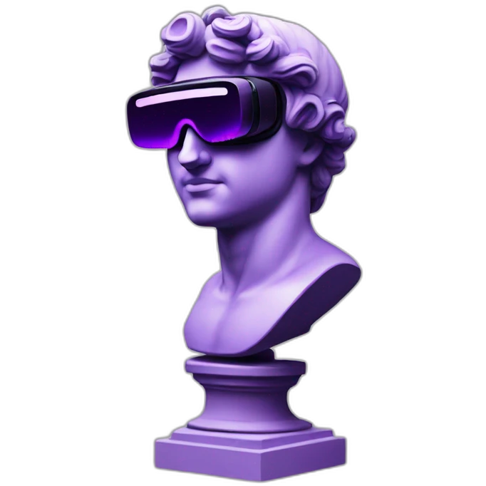 an EMOJI OF A ancient young greek statue, wearing VR headset, purple colors, DIGITAL UNIVERSE emoji
