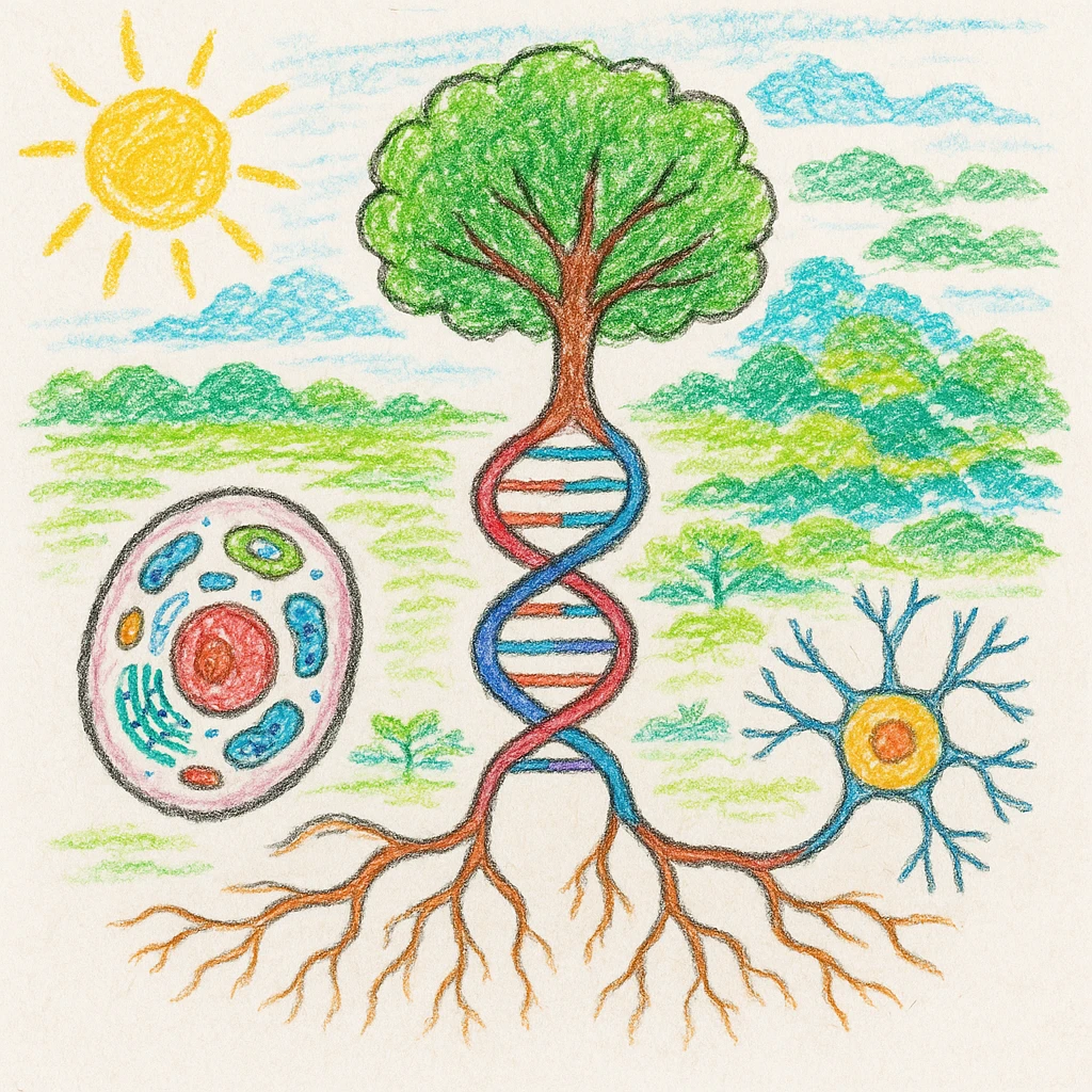 A realistic biological illustration (like in a school book) showing: DNA strands transitioning into a tree, cells with visible organelles, neurons connected to plant roots  and a balanced ecosystem background . Seamless integration, no labels or borders, complete white background (not off white!), detailed but minimalist.  emoji