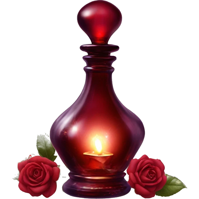 Dark red magic fairy light sparkling old Antique oil perfume bottle with herbal and rose flowers emoji