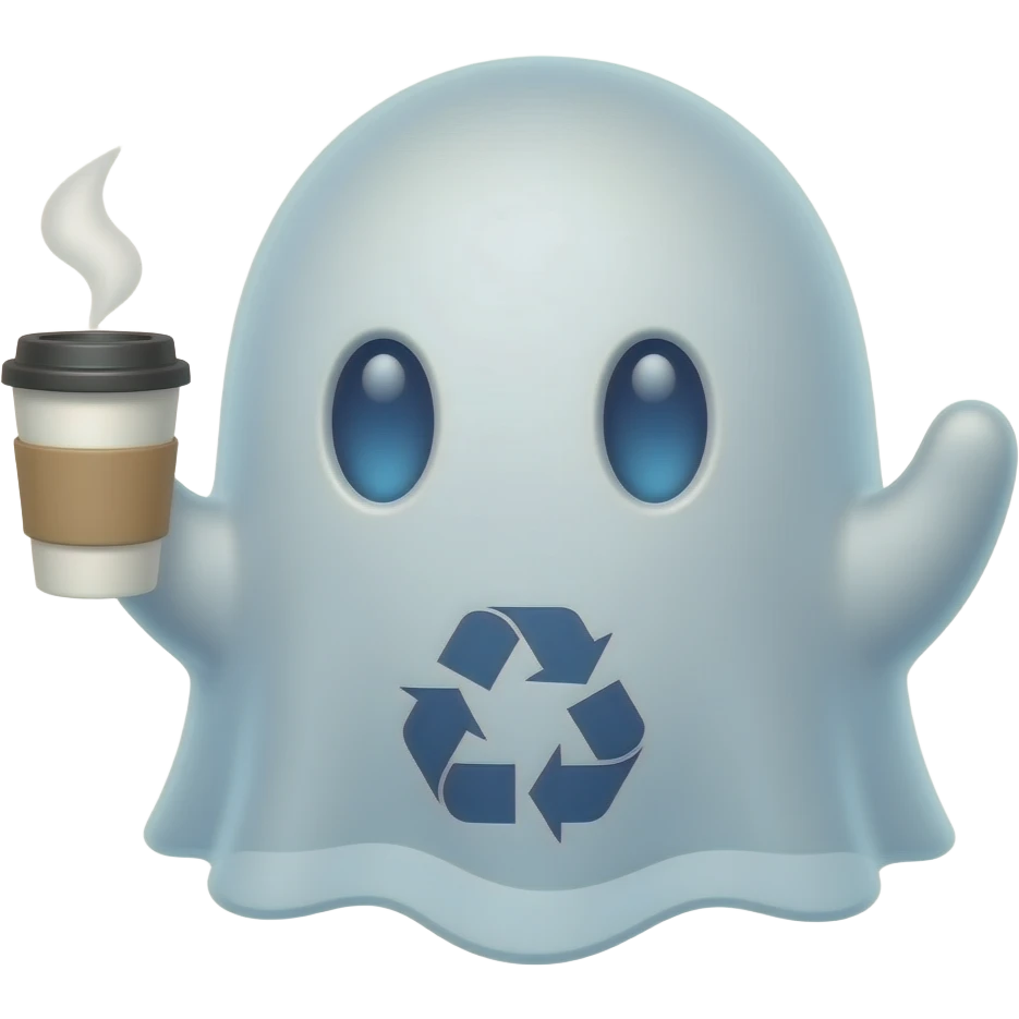 Prompt Addition: "Add a small 'Recycle' symbol or a 'Barcode' on its lower back. The ghost is holding a tiny, steaming paper coffee cup with one hand." emoji