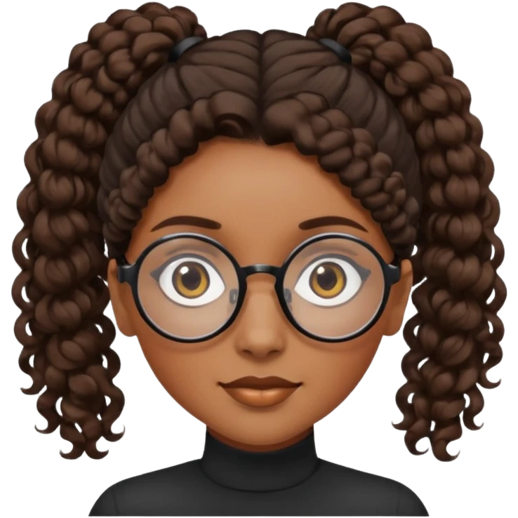 chica morena de ojos claros con gafas negras exagonales redondeadas. y pelo rizado castaño con todo el pelo recogido en una coleta .. Con todo el pelo recogido un clen look solamente una coleta emoji
