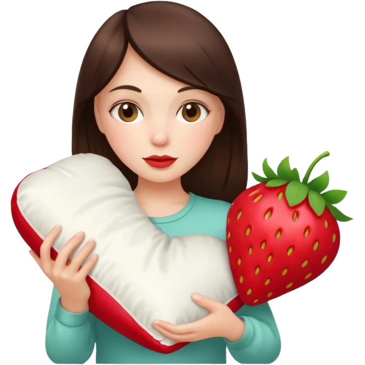 brunette white girl with a silk pillow strawberry emoji