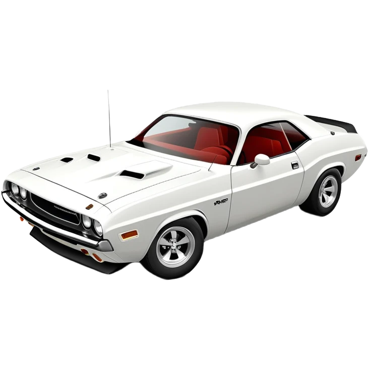 Iconic white 1971 Dodge Challenger from Death Proof, consistent 30-degree perspective with detailed front end and hood, maintaining authentic proportions, all-white color scheme, iOS emoji style emoji