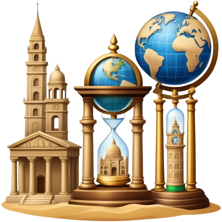 icon featuring ancient scrolls, quill pen, and a globe, with famous historical landmarks and monuments in the background. Large, antique sand clocks with sand pouring out represent the passage of time. Historical figures are depicted as statues. Transparent background. emoji