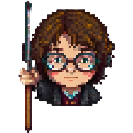 Harry Potter in pixel art style, with round glasses and a wand emoji
