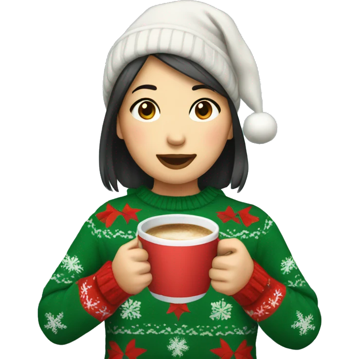 asian girl drinking coffee wearing Christmas sweater emoji