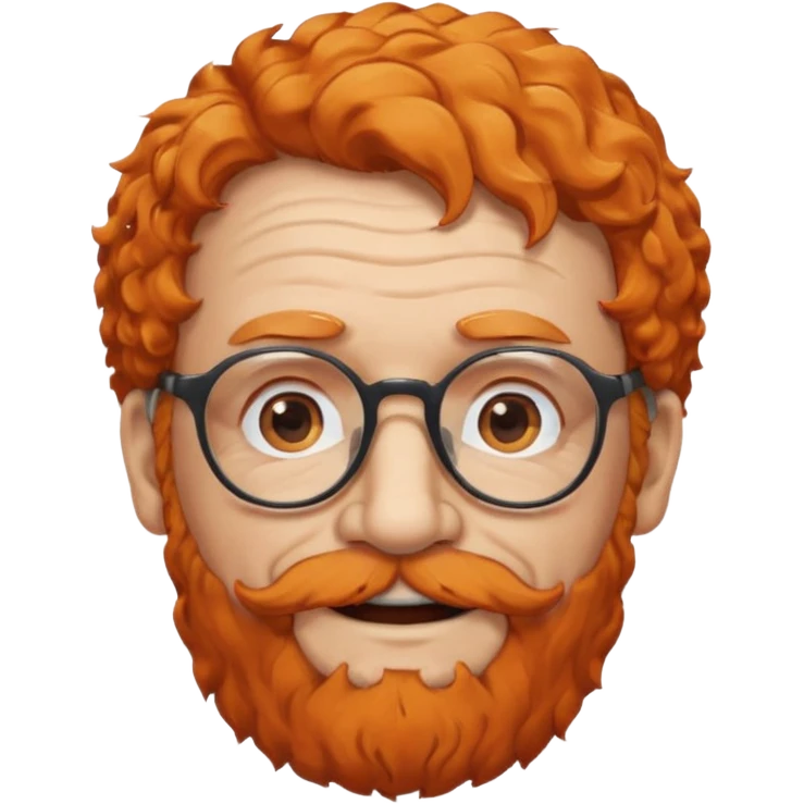 An elderly man with curly orange hair, brown eyes, black glasses, and a white beard, wearing a gentle smile. emoji