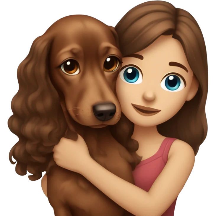 Brown long wavy hair girl with blue eyes cuddling a small brown dachshund emoji