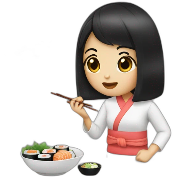 Girl black hair eating sushi emoji