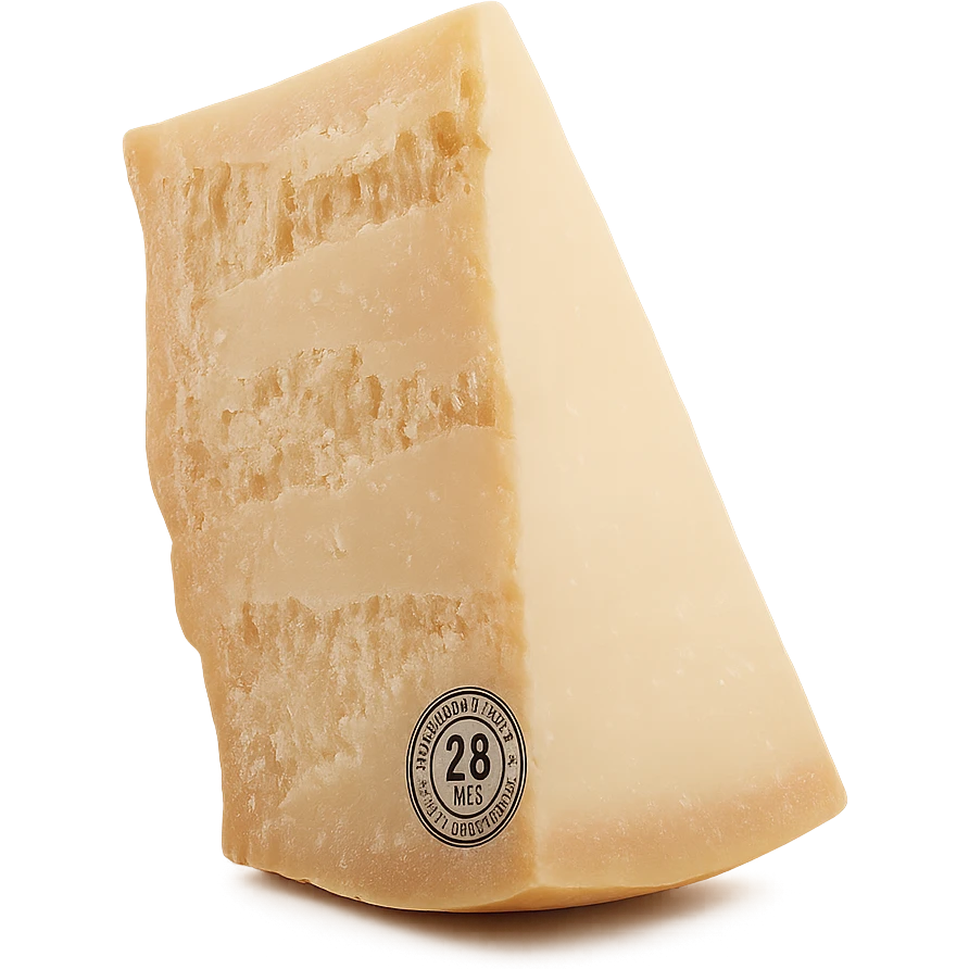 Realistic style piece of Parmigiano Reggiano inspired by the reference image, isolated with no background, natural details, slightly top view, photorealistic rendering. emoji
