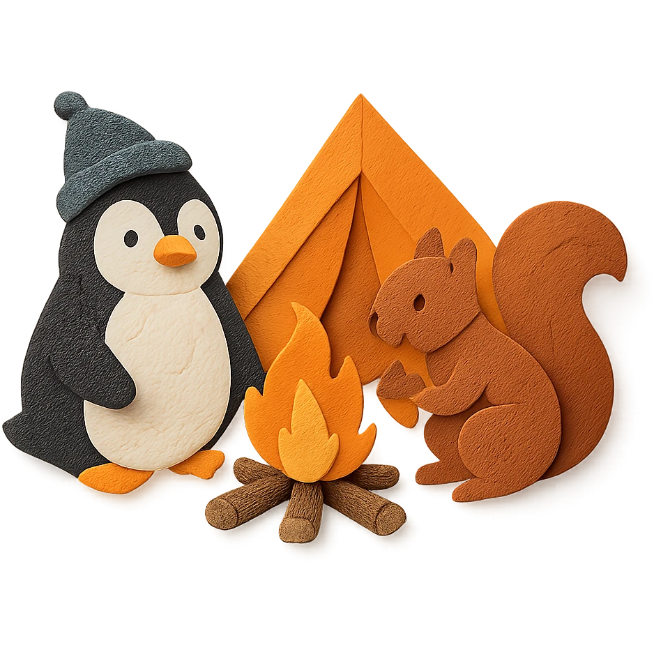 Pinguin und Eichhörnchen beim Campen, Papierbastel-Stil, Lagerfeuer emoji