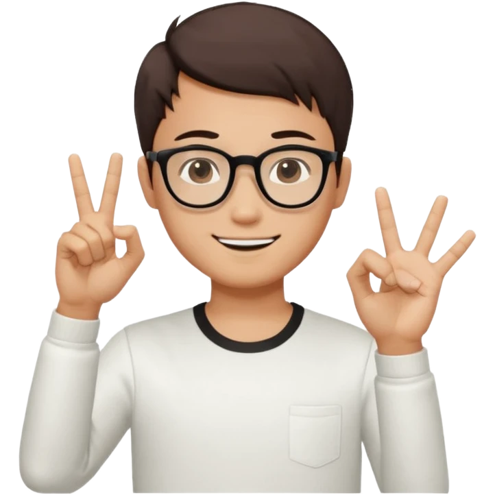 young Asian man with cool brown short hair, wearing black framed glasses, a white top, making an OK gesture with his right hand, and smiling confidently emoji