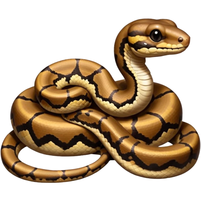 A photo-realistic digital illustration of a Ball Python, chest upward, with a short, rounded head, thick body, and a calm, curious expression. It has a warm brown base color with irregular dark blotches shaped like “alien heads,” and matte-textured scales that emphasize its small, stocky form. emoji