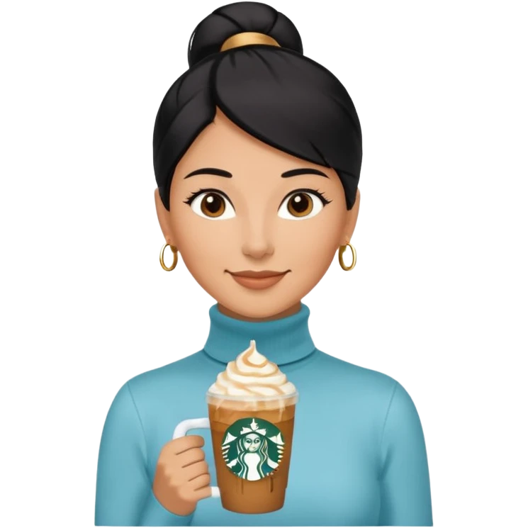  tan skin woman with long face, and very short black hair slicked back ponytail with forehead showing, wearing solid light blue turtleneck shirt, drinking starbucks caramel frappuccino, smiling with middle parted hair emoji