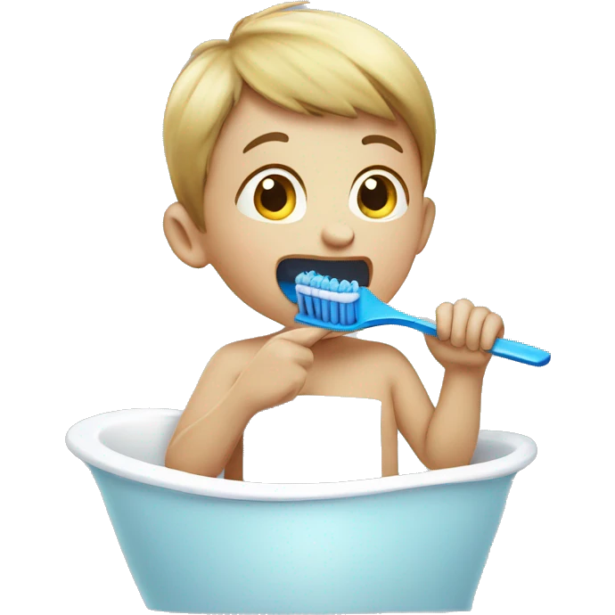 child brushing teeth with blue toothbrush, realistic style emoji