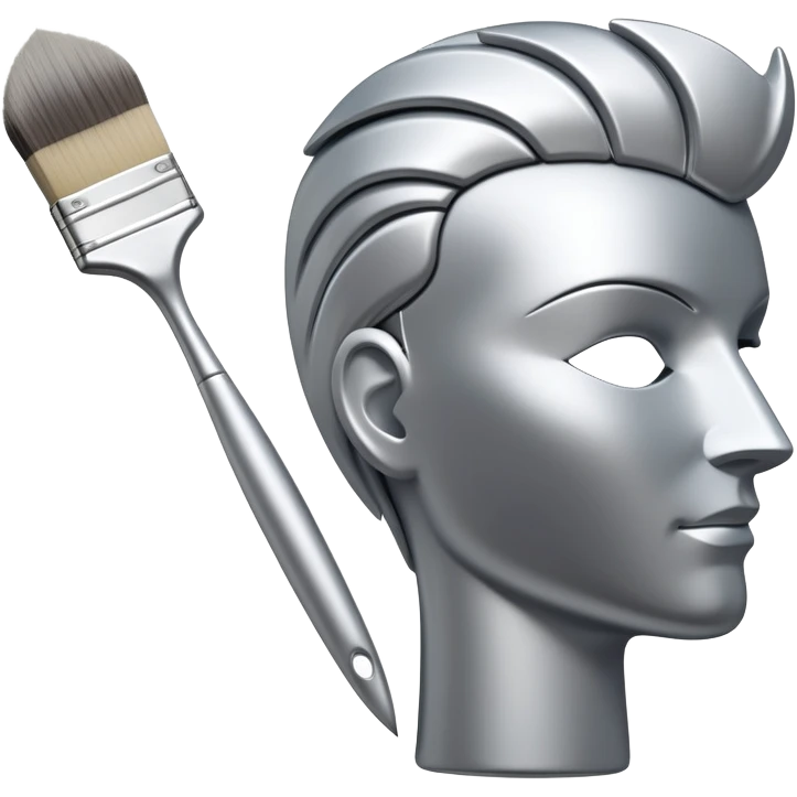 A paintbrush that transforms into a human metal silver silhouette sculpture emblem, symbol of artistic identity, with a highly polished silver metallic finish emoji