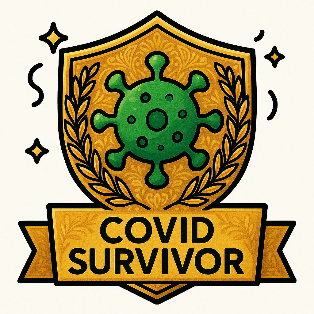 Make the badge more detailed: add intricate patterns to the shield, a more realistic virus symbol, subtle gradients, and a gold laurel wreath around the edge. Keep the celebratory style and 'COVID Survivor' text. emoji