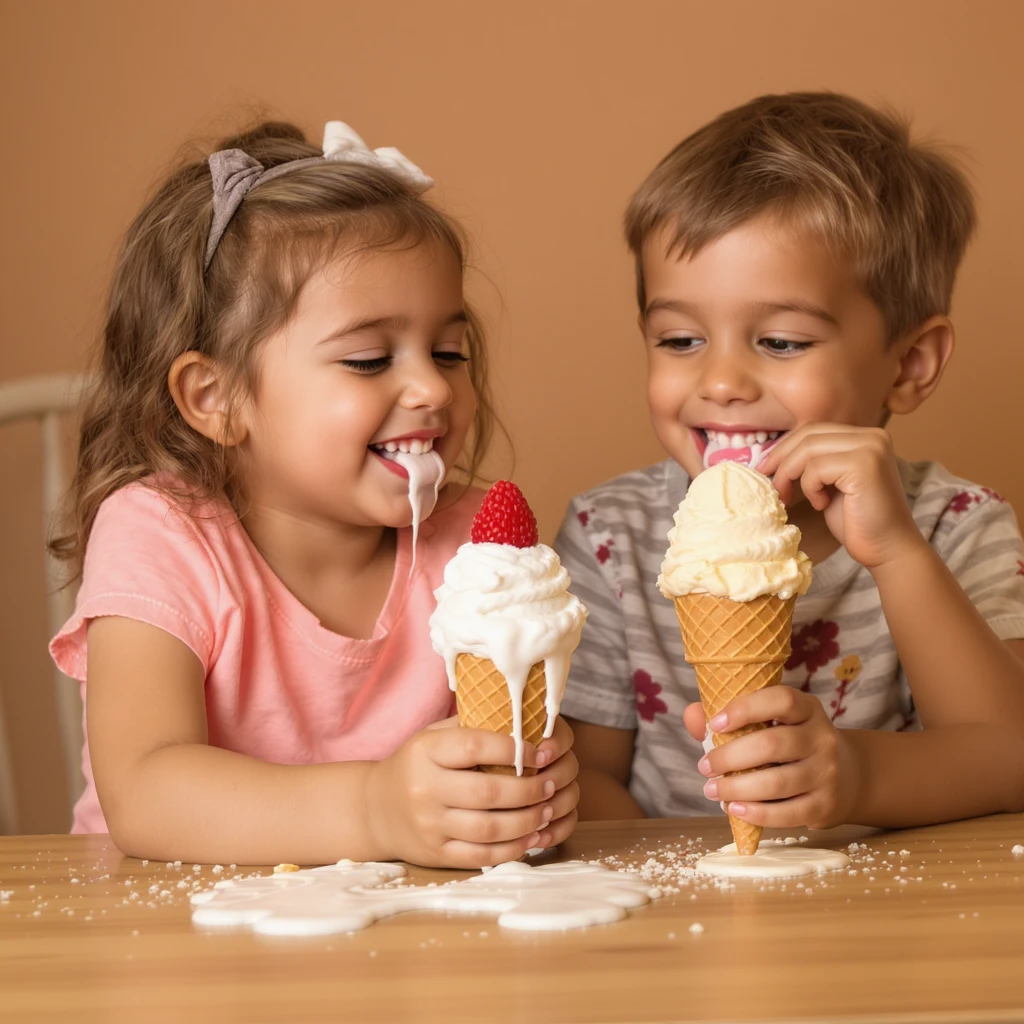 happy children with melting ice cream cones emoji
