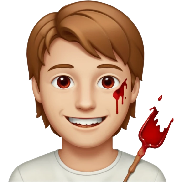 парень с русыми волосами средней длины; белая кожа; белые глаза; открытая улыбка, где на зубах кровь;  emoji