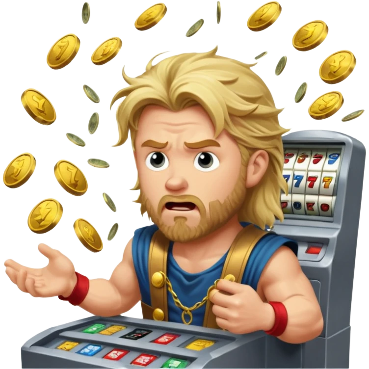 disheveled Thor losing money at a slot machine, panicked face, coins flying emoji
