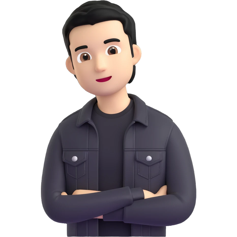3D emoji style Microsoft, young man with black hair, wearing black t-shirt and black denim jacket, based on photo reference emoji
