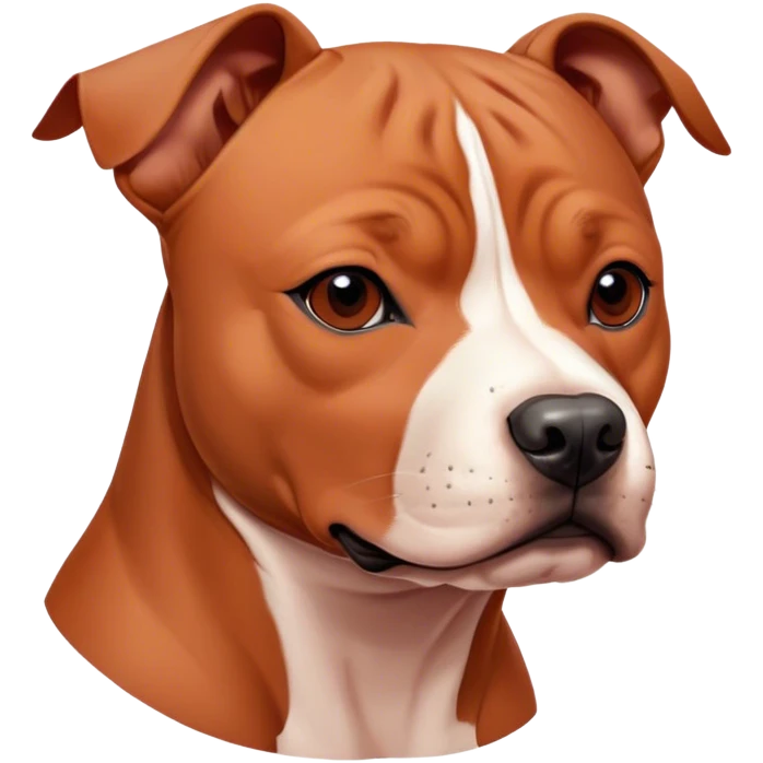 Cinematic Noble Red/Fawn Staffordshire Bull Terrier Portrait Emoji, Poised and regal, with a compact, muscular build and a sleek, well-groomed red/fawn Fur accented by subtle white markings, deep-set soulful dark eyes, Simplified yet sharp and sophisticated features, highly detailed, glowing with a soft, dignified glow, high shine, intelligent and loyal, stylized with an air of strength, focused and attentive, soft glowing outline, capturing the essence of a watchful and confident guardian, so majestic it feels as though it could stride out of the screen with effortless authority! emoji