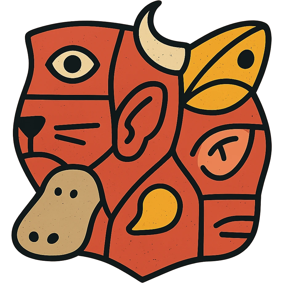 a red collage icon made of irregular cut-up pieces of different animal faces with visible line splits between them: one piece showing stoat eye, another showing minotaur skull horn, another showing frog mouth, another showing elf ear, another showing moth wing, another showing cat whiskers, another showing platypus bill, another showing capybara nose, arranged in an irregular overall shape, weathered and worn appearance emoji