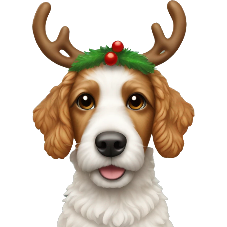 Ginger cockapoo wearing a reindeer headband emoji