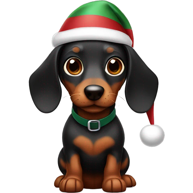 A black and brown Wiener Dog wearing a Santa hat emoji