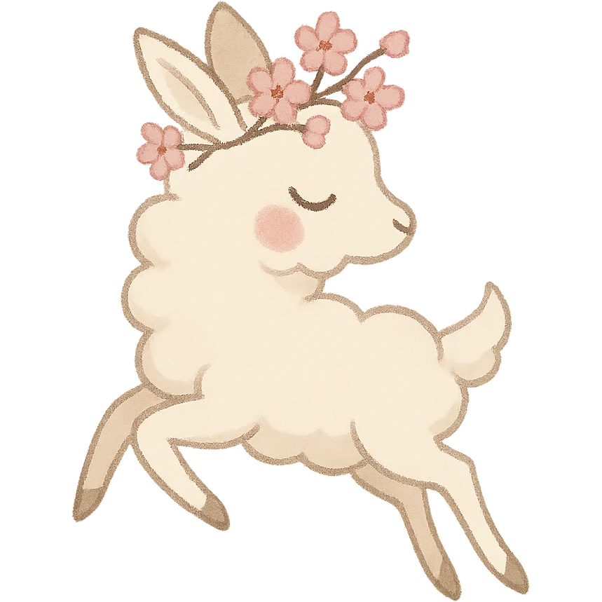 vanilla-colored cloud doe with rosy cheeks, wearing a cherry blossom crown, floating gracefully with witch-like elegance, designed as a brand identity mascot for social media emoji