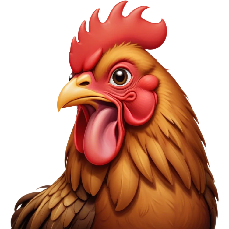 Cinematic Cute Yawning Brown Rooster Portrait Emoji, Head tilted slightly with a dramatic, wide-open yawn, showcasing a soft, downy brown plumage with a subtle red comb and drooping wings, round warm eyes barely open in drowsy contentment, Simplified yet irresistibly adorable features, highly detailed, glowing with a soft, cozy glow, high shine, relaxed yet expressive, stylized with a touch of whimsy, bright and endearing, soft glowing outline, capturing the essence of a sleepy yet affectionate rooster, so drowsy it feels like it could stretch out of the screen and curl up for a nap! emoji