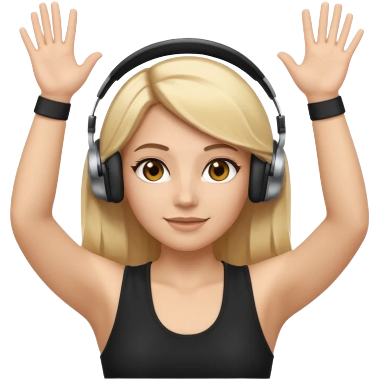 I want a white female dj animated gif emoji with long straight centre parting blonde hair, brown eye brows and putting hands up in the air. Wearing a black tight top with no sleeve. Also wearing DJ headphones  emoji