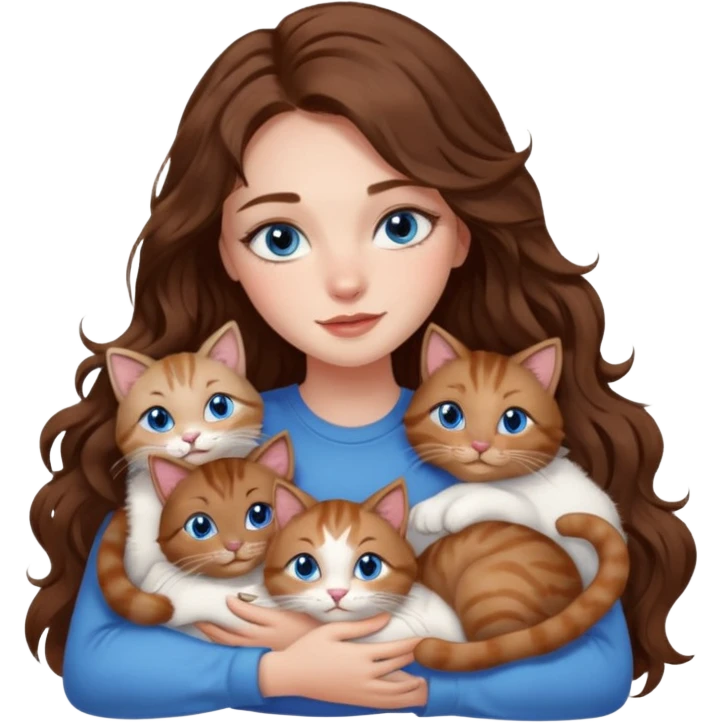 girl with long wavy brown hair, blue eyes, long lashes makeup, cuddling with 6 cats emoji