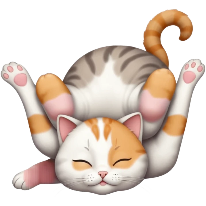 grey and white small cat with eyes closed lying down upside down with paws stretched out straight vertically  emoji