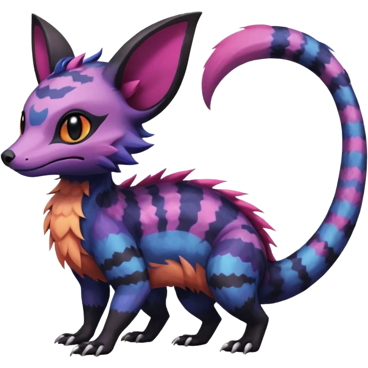 Rare epic aesthetic colorful Salandit-Noibat-Eevee-Civet-species-Fakemon-hybrid-creature, with markings, full body emoji
