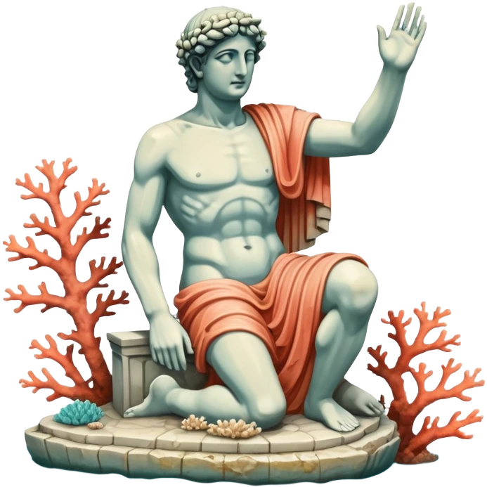 sunken greek statue, include water and coral in the sea emoji