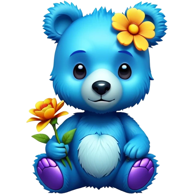 3D, adorable little Pixar style blue neon punk bear with a flower, ultra detailed, each lash, eye, and strand of fur is shown in stunning detail as though captured in a timeless photograph, rich textures, visually rich, so lifelike it feels like it could leap off the page at any moment emoji